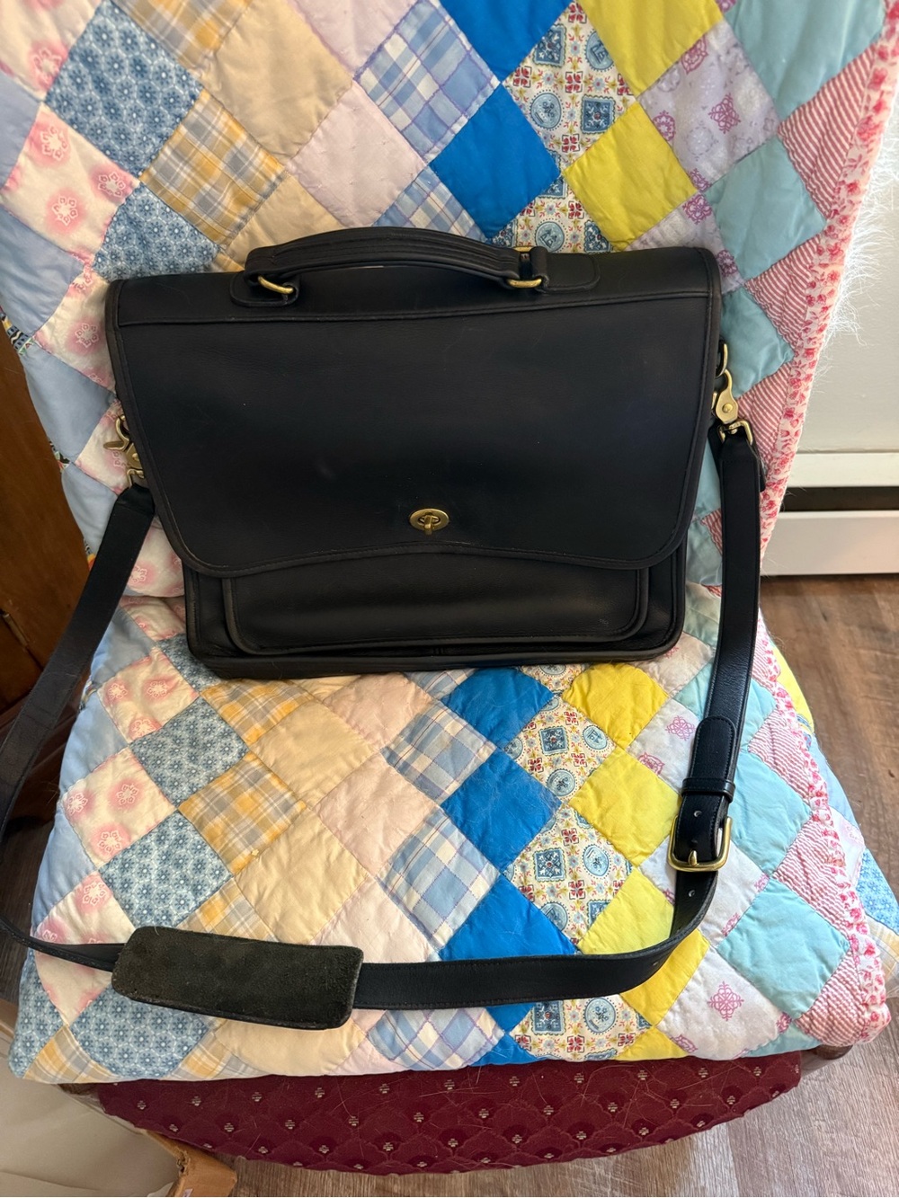 Coach Black Leather Laptop Messenger Bag with Gold Hardware
